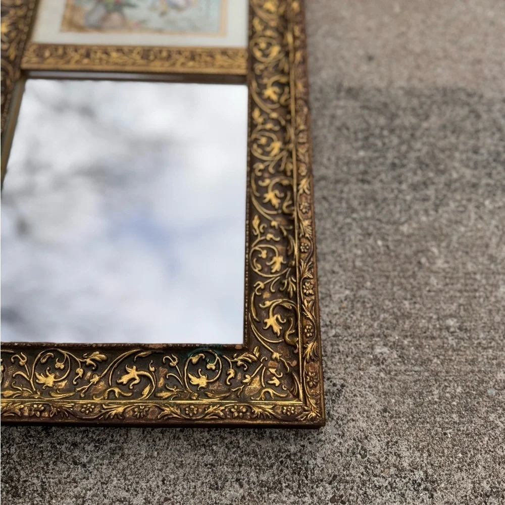 Vintage Estate Gold Framed Wall Mirror with Holiday Advertisement